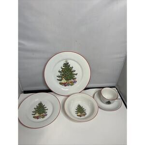 Cuthbertson American Christmas Tree Red Trim 5 Piece Place Setting, Very Good...